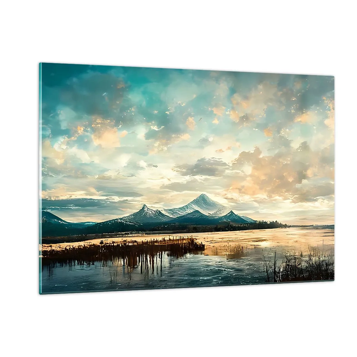Glasbild - Bild auf glas - Winterlandschaft mit Bergen und einem zugefrorenen See - 120x80cm - Unter dem Schutz des Himmels - Moderne Wanddekoration für Wohnzimmer und Schlafzimmer ARTTOR