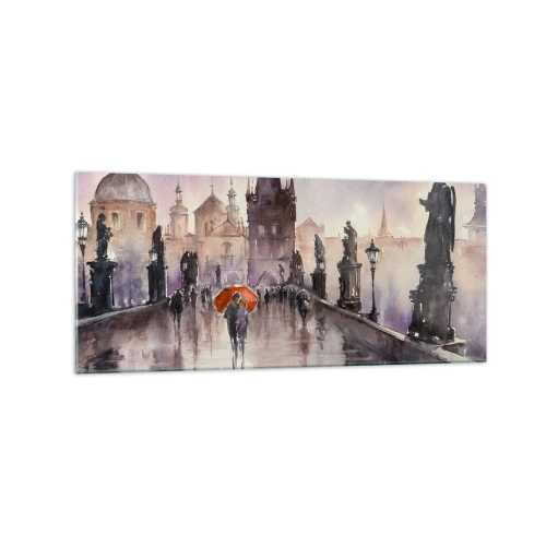 Glasbild - Bild auf glas - Romantischer Blick auf eine Brücke mit einem Regenschirm vor der Kulisse einer abendlichen Stadt - 120x50cm - Leute verändern sich nicht - Moderne Wanddekoration für Wohnzimmer und Schlafzimmer ARTTOR
