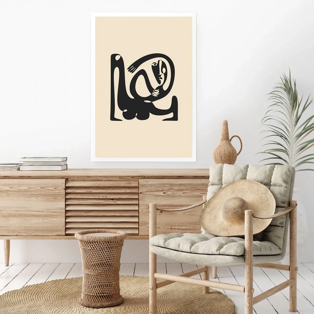 Poster - Abstrakte Figur auf beigem Hintergrund mit schwarzen Linien - 50x70cm - Fast wie Picasso - Moderne Wanddekoration für Wohnzimmer und Schlafzimmer ARTTOR