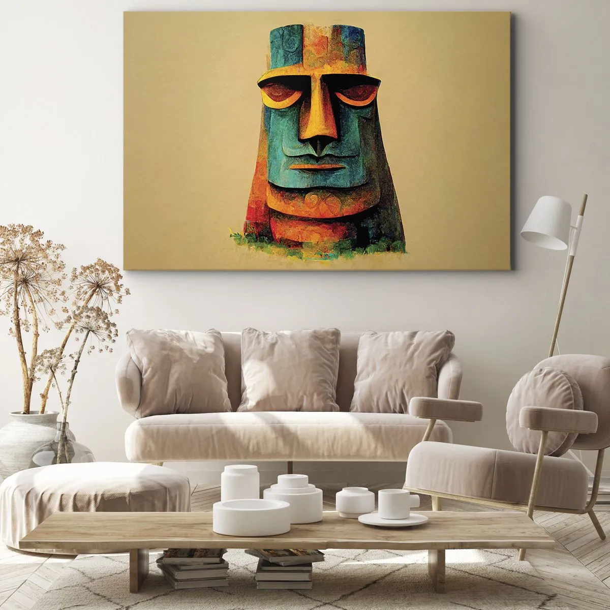 Bild auf Leinwand - Leinwandbild - Bunte Statue von der Osterinsel - 70x50cm - Statuenhaft und sympathisch - Moderne Wanddekoration für Wohnzimmer und Schlafzimmer ARTTOR