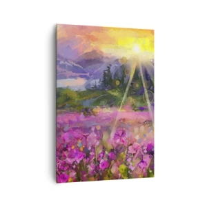 Bild auf Leinwand - Leinwandbild - Eine malerische Wiese in den Strahlen der untergehenden Sonne - 70x100cm - Im Tal unter dem Schutz der Sonne - Moderne Wanddekoration für Wohnzimmer und Schlafzimmer ARTTOR