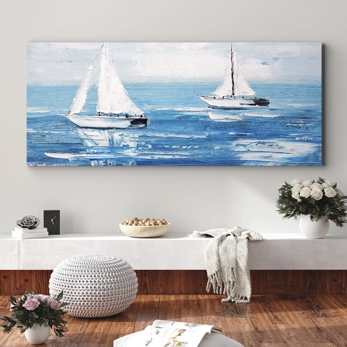 Bild auf Leinwand - Leinwandbild - Yachten auf dem blauen Meer im künstlerischen Stil - 140x50cm - Mit Freund an der Seite - Moderne Wanddekoration für Wohnzimmer und Schlafzimmer ARTTOR