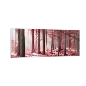Glasbild - Bild auf glas - Ein atemberaubender Wald in roten Farbtönen mit Lichtstrahlen, die durch die Bäume dringen - 140x50cm - Rot ist genauso schön - Moderne Wanddekoration für Wohnzimmer und Schlafzimmer ARTTOR