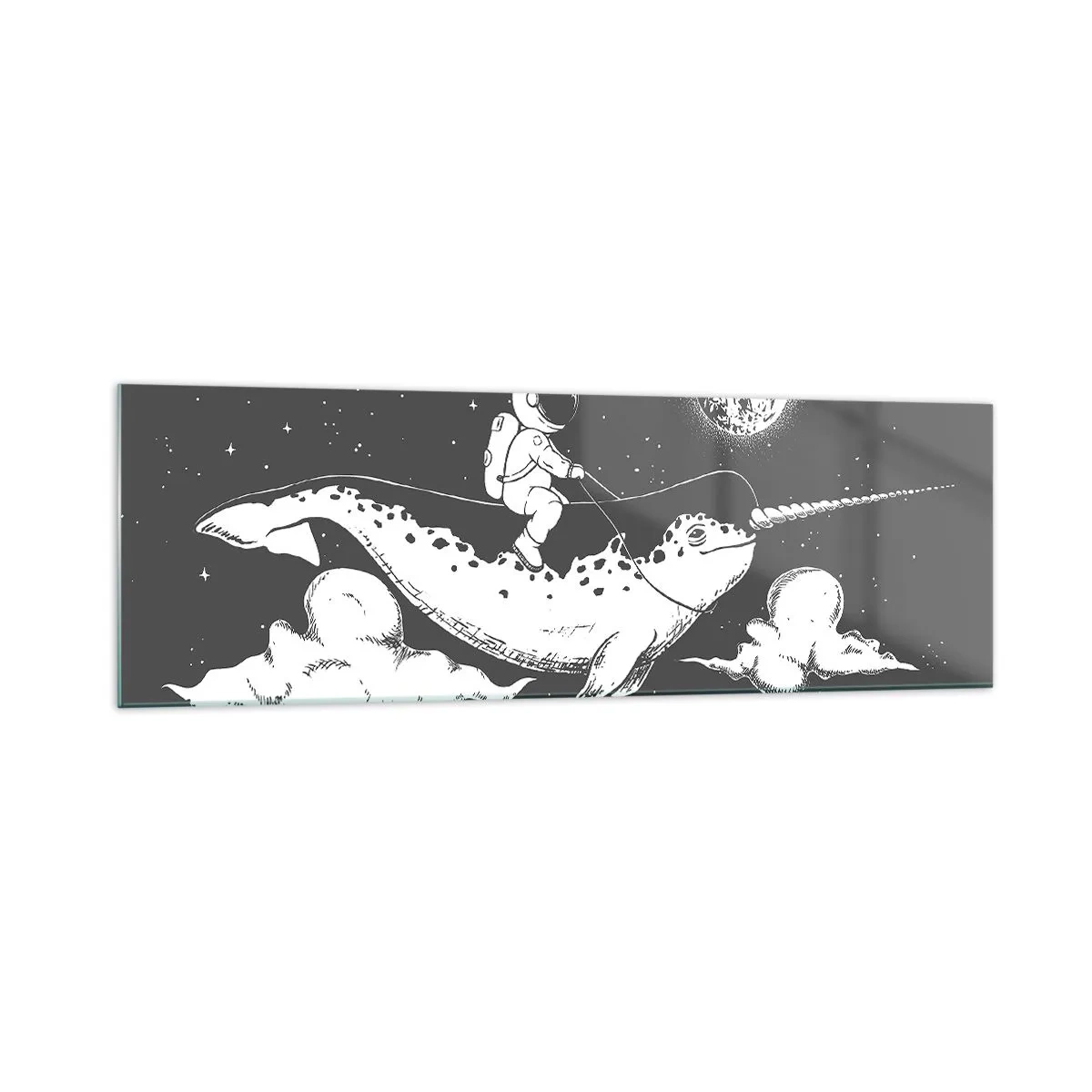 Glasbild - Bild auf glas - Ein Astronaut auf dem Rücken eines Narwals, der in einer Weltraumszene schwimmt. - 160x50cm - Weltraumreiter - Moderne Wanddekoration für Wohnzimmer und Schlafzimmer ARTTOR