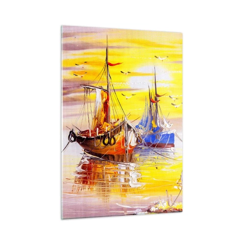 Glasbild - Bild auf glas - Fischerboote bei Sonnenuntergang auf ruhigem Wasser - 50x70cm - Eine wohlverdiente Pause im Hafen - Moderne Wanddekoration für Wohnzimmer und Schlafzimmer ARTTOR