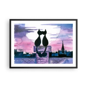Poster in einem schwarzem Rahmen - Schwarze Katzen auf einem Dach im Mondlicht in einer Aquarell-Kulisse - 70x50cm - Rendez-vous unter dem Mond - Moderne Wanddekoration für Wohnzimmer und Schlafzimmer ARTTOR