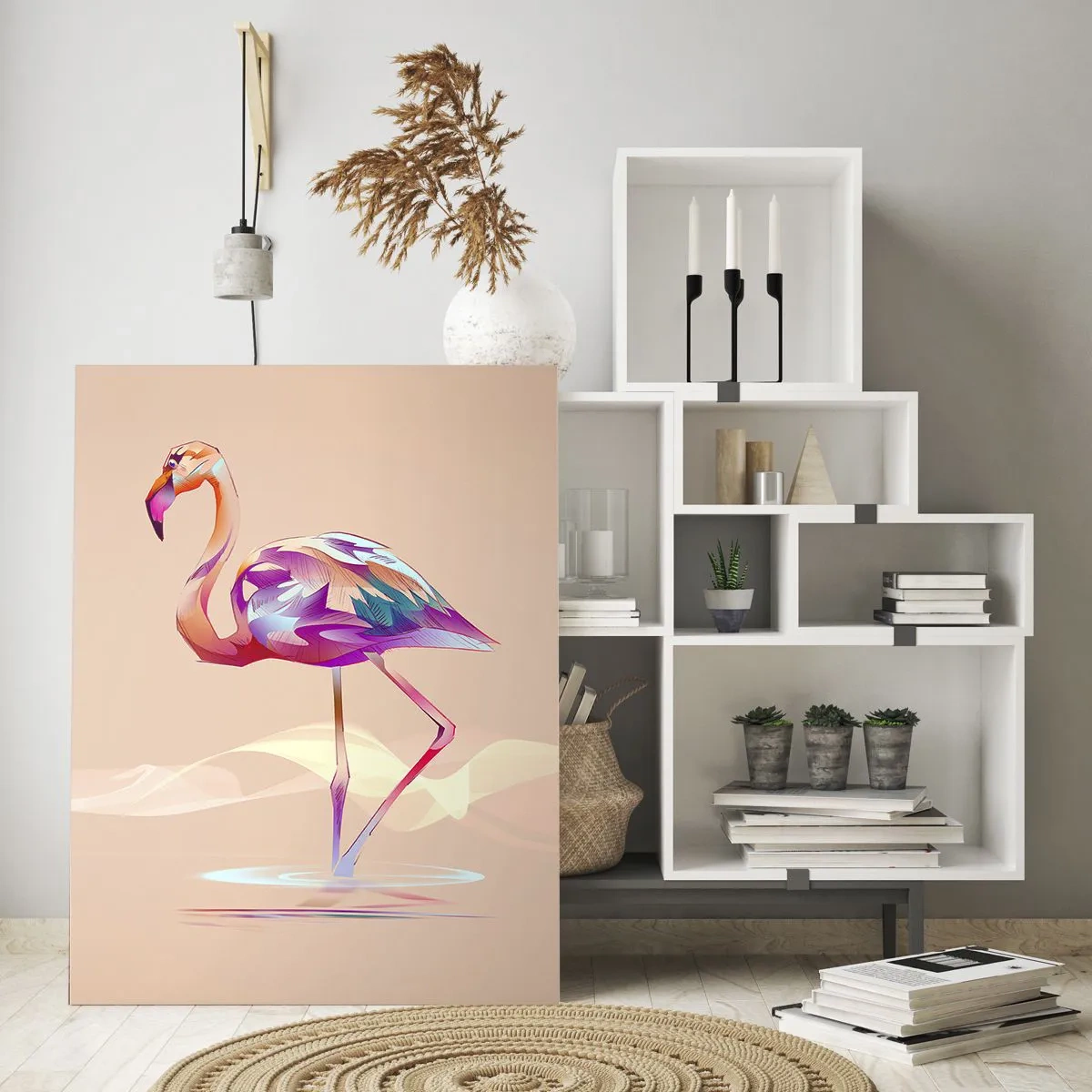 Glasbild - Bild auf glas - Ein abstrakter Flamingo in hellen Pastellfarben. - 80x120cm - Der Vogel der guten Gefühle - Moderne Wanddekoration für Wohnzimmer und Schlafzimmer ARTTOR