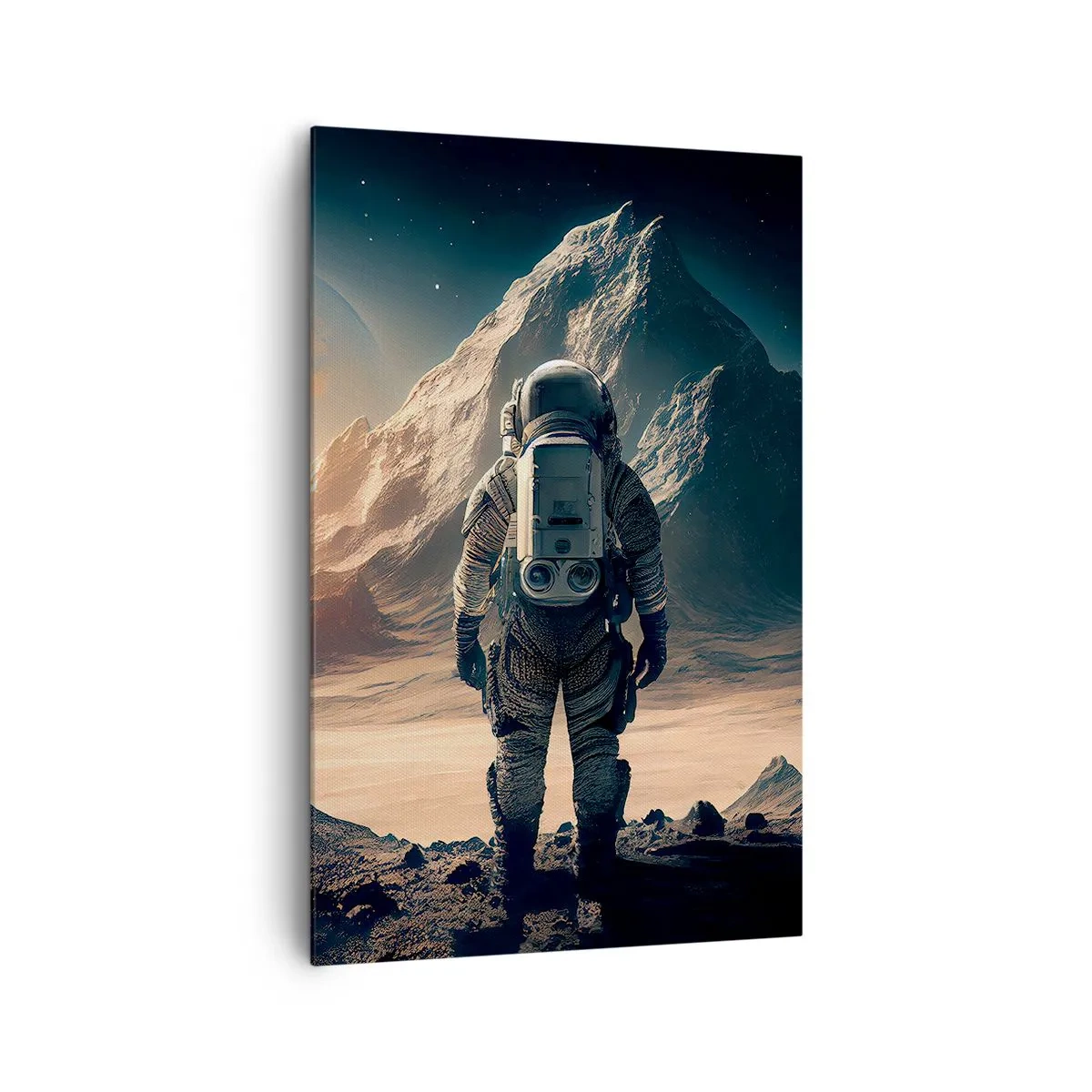 Bild auf Leinwand - Leinwandbild - Astronaut vor der Kulisse majestätischer Berge - 80x120cm - Neue Herausforderung - Moderne Wanddekoration für Wohnzimmer und Schlafzimmer ARTTOR