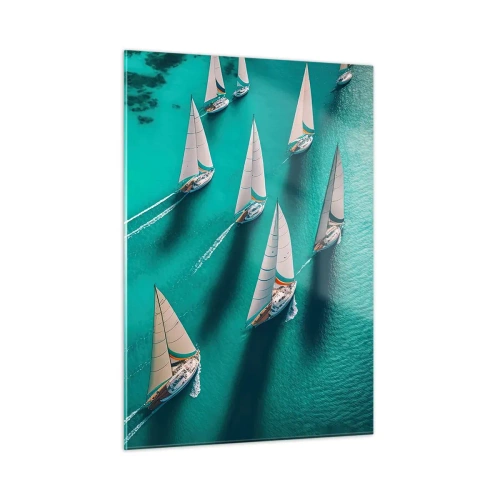 Glasbild - Bild auf glas - Segelboote auf türkisfarbenem Wasser aus der Vogelperspektive aufgenommen - 50x70cm - Im Wettbewerb mit dem Wind - Moderne Wanddekoration für Wohnzimmer und Schlafzimmer ARTTOR