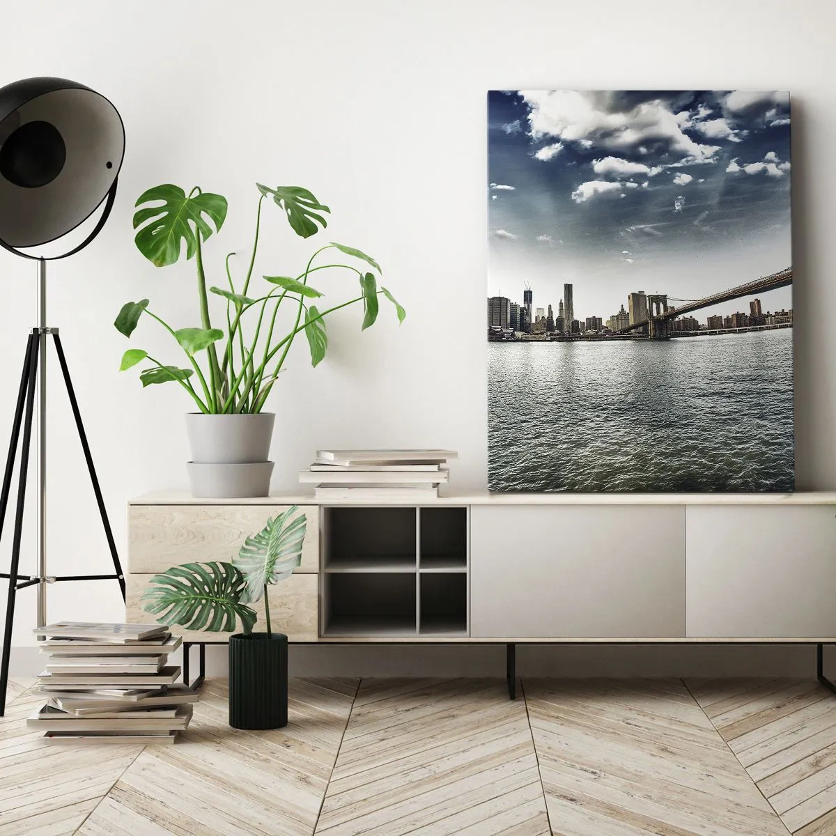Bild auf Leinwand - Leinwandbild - Panorama der Stadt mit einer Brücke vor dem blauen Himmel - 50x70cm - Glasinsel - Moderne Wanddekoration für Wohnzimmer und Schlafzimmer ARTTOR