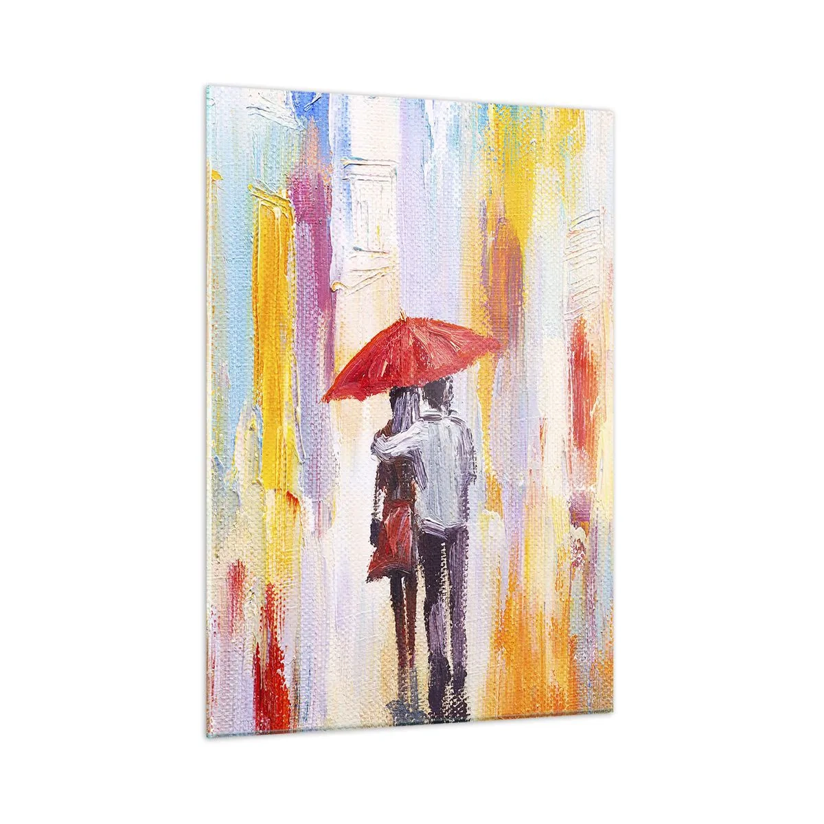 Glasbild - Bild auf glas - Ein Paar hält einen roten Regenschirm im Regen vor einer farbenfrohen Straße. - 50x70cm - Lass es weiter regnen - Moderne Wanddekoration für Wohnzimmer und Schlafzimmer ARTTOR
