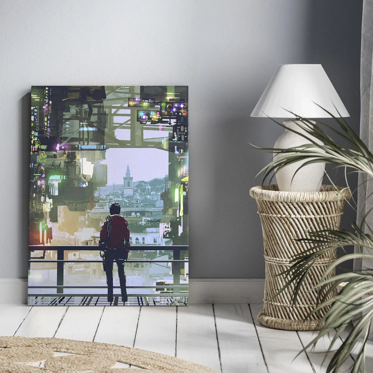 Bild auf Leinwand - Leinwandbild - Eine Figur in einer futuristischen Stadt mit Neonlichtern - 80x120cm - Zwei Welten - Moderne Wanddekoration für Wohnzimmer und Schlafzimmer ARTTOR