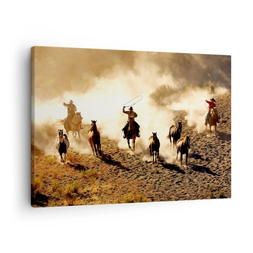 Bild auf Leinwand - Leinwandbild - Cowboys zu Pferd in Aktion im Wüstengelände - 70x50cm - Wirklich wilder Westen - Moderne Wanddekoration für Wohnzimmer und Schlafzimmer ARTTOR