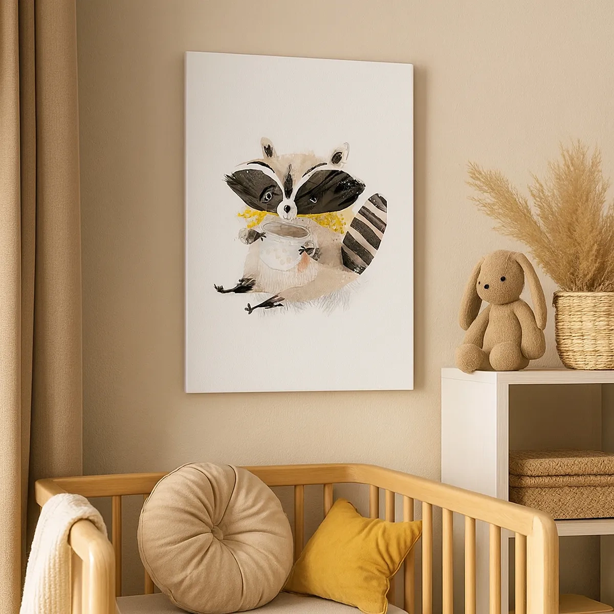 Bild auf Leinwand - Leinwandbild - Entzückender Waschbär mit einer pastellfarbenen Tasse - 50x70cm - Mein Freund der Waschbär - Moderne Wanddekoration für Wohnzimmer und Schlafzimmer ARTTOR