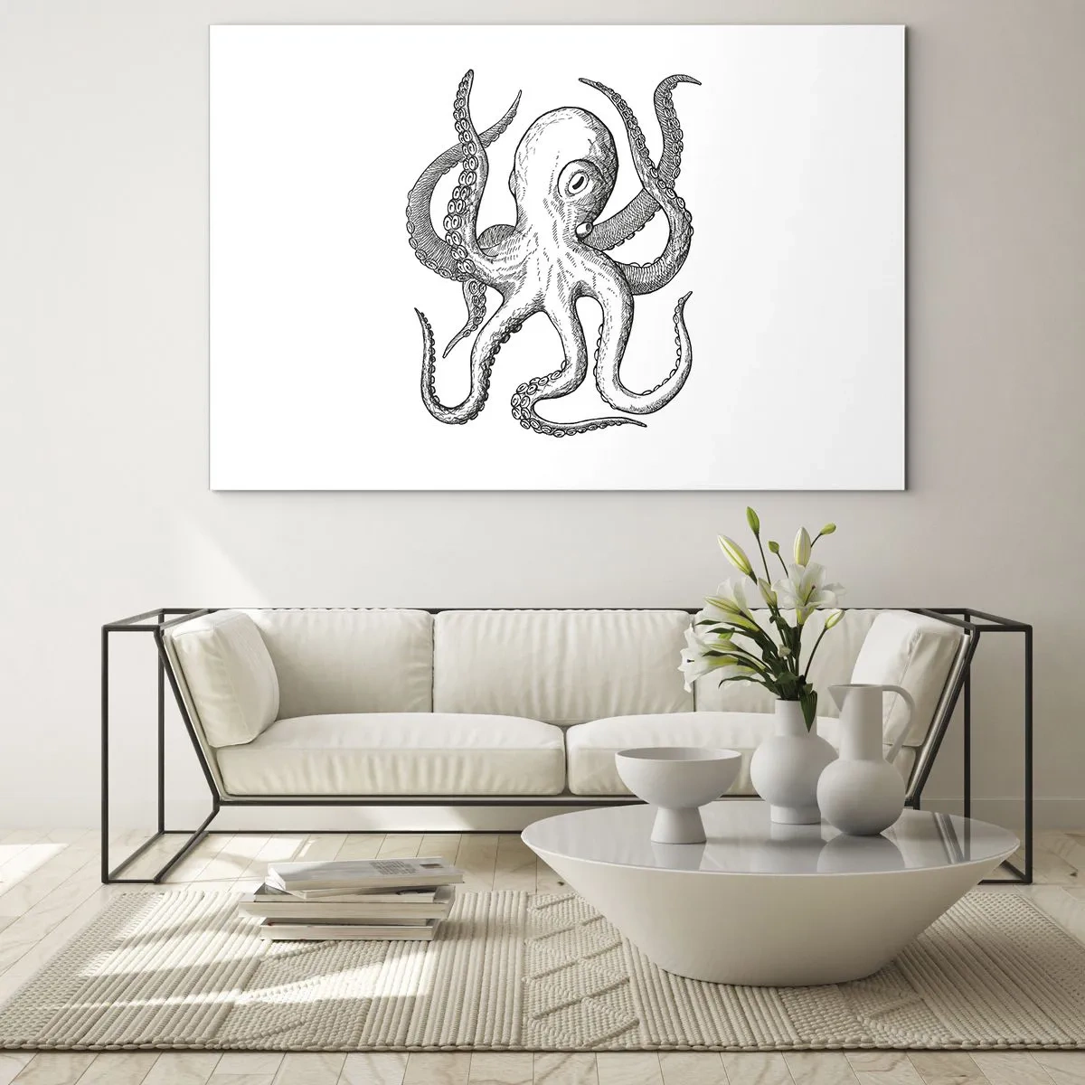 Glasbild - Bild auf glas - Schwarz-weiße Zeichnung eines Oktopus auf weißem Hintergrund - 100x70cm - Mit den Wellen tanzen - Moderne Wanddekoration für Wohnzimmer und Schlafzimmer ARTTOR