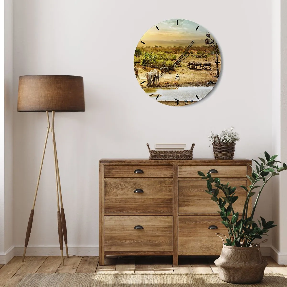 Wanduhr - Glasuhr - Savanne mit wilden Tieren an einer Wasserstelle bei Sonnenuntergang - 30x30cm - Ein Fluss floss aus Eden ... - Moderne Wanddekoration für Wohnzimmer, Küche und Schlafzimmer ARTTOR