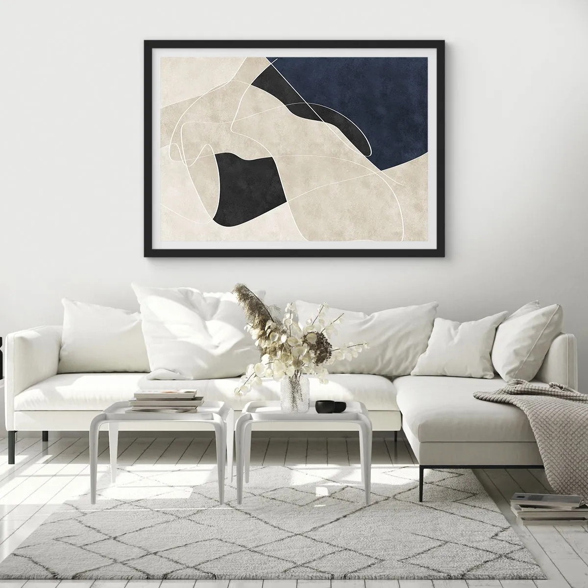 Poster in einem schwarzem Rahmen - Geometrische Abstraktion in Beige- und Marineblautönen - 70x50cm - Abstrakte Komposition – Farbkontrast - Moderne Wanddekoration für Wohnzimmer und Schlafzimmer ARTTOR
