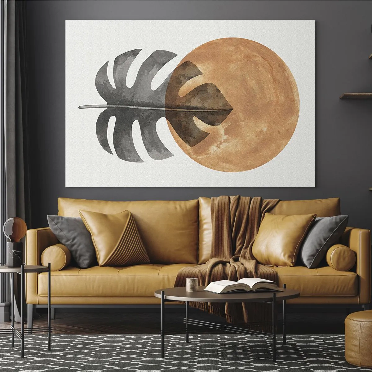 Glasbild - Bild auf glas - Monstera-Blatt und orangefarbener Kreis im Grafikstil auf weißem Hintergrund. - 120x80cm - Immer die Sonne - Moderne Wanddekoration für Wohnzimmer und Schlafzimmer ARTTOR