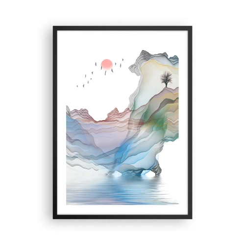 Poster in einem schwarzem Rahmen - Bunte, geschichtete Berge über einem ruhigen See mit einem Baum - 50x70cm - Zu den Kristallbergen - Moderne Wanddekoration für Wohnzimmer und Schlafzimmer ARTTOR