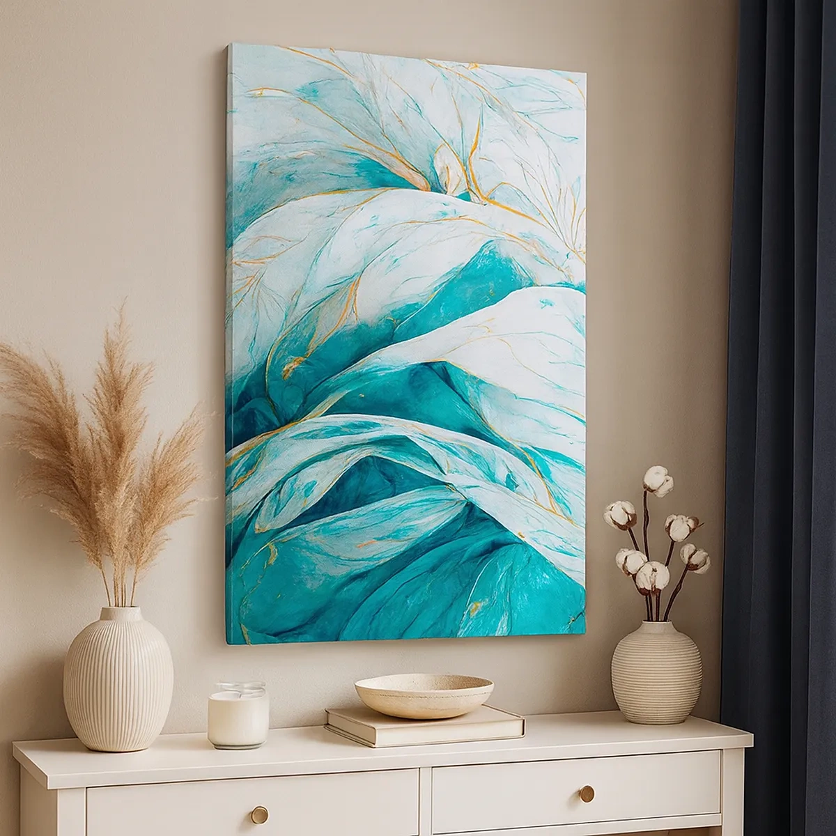 Bild auf Leinwand - Leinwandbild - Abstrakte blaue Blätter mit goldenen Details - 50x70cm - Blaue Abstraktion mit goldenem Motiv - Moderne Wanddekoration für Wohnzimmer und Schlafzimmer ARTTOR