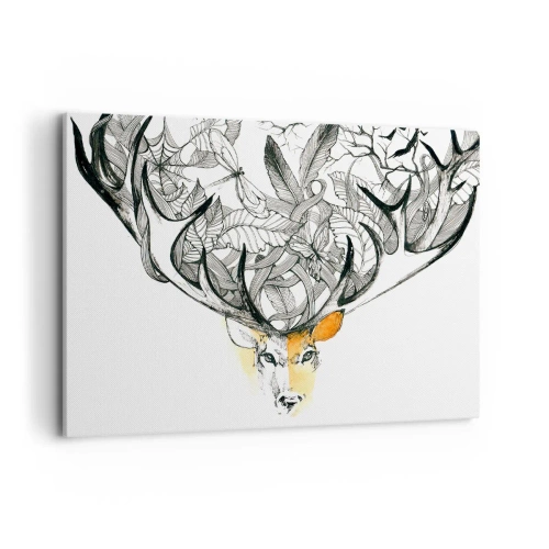Bild auf Leinwand - Leinwandbild - Dezente Hirschgrafik mit dekorativem Geweih - 100x70cm - Ecken des Überflusses - Moderne Wanddekoration für Wohnzimmer und Schlafzimmer ARTTOR