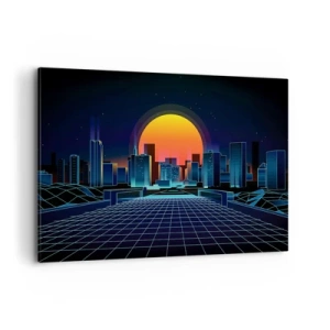Bild auf Leinwand - Leinwandbild - Futuristische Skyline im Neon-Stil - 120x80cm - Willst du immer noch zu Real gehen? - Moderne Wanddekoration für Wohnzimmer und Schlafzimmer ARTTOR