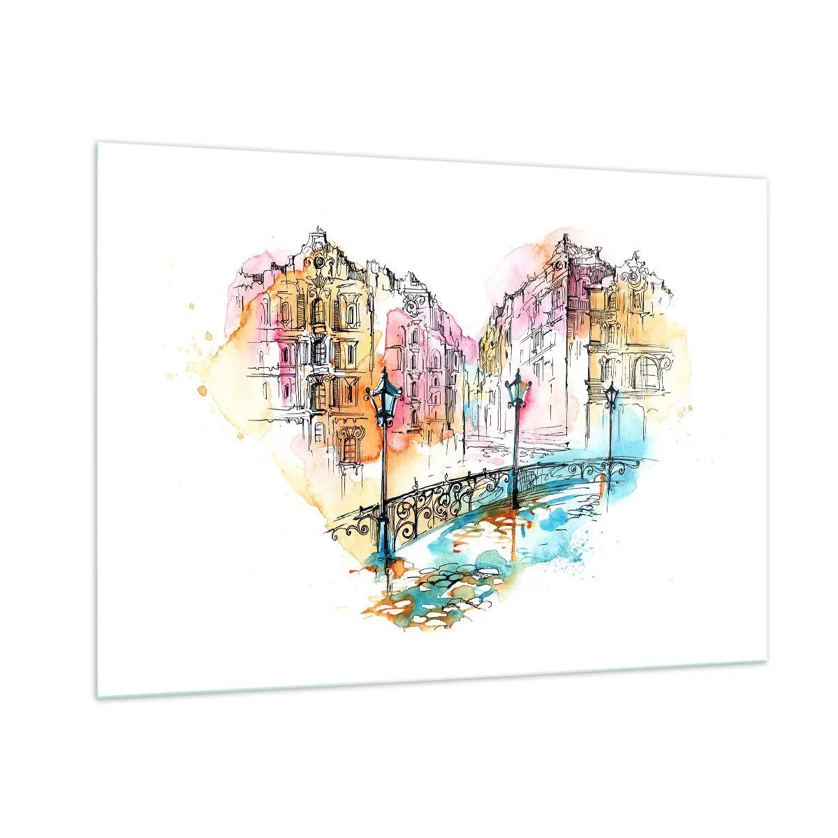 Glasbild - Bild auf glas - Romantische Mietshäuser mit herzförmiger Brücke, Aquarell - 100x70cm - Das Herz der Stadt - Moderne Wanddekoration für Wohnzimmer und Schlafzimmer ARTTOR