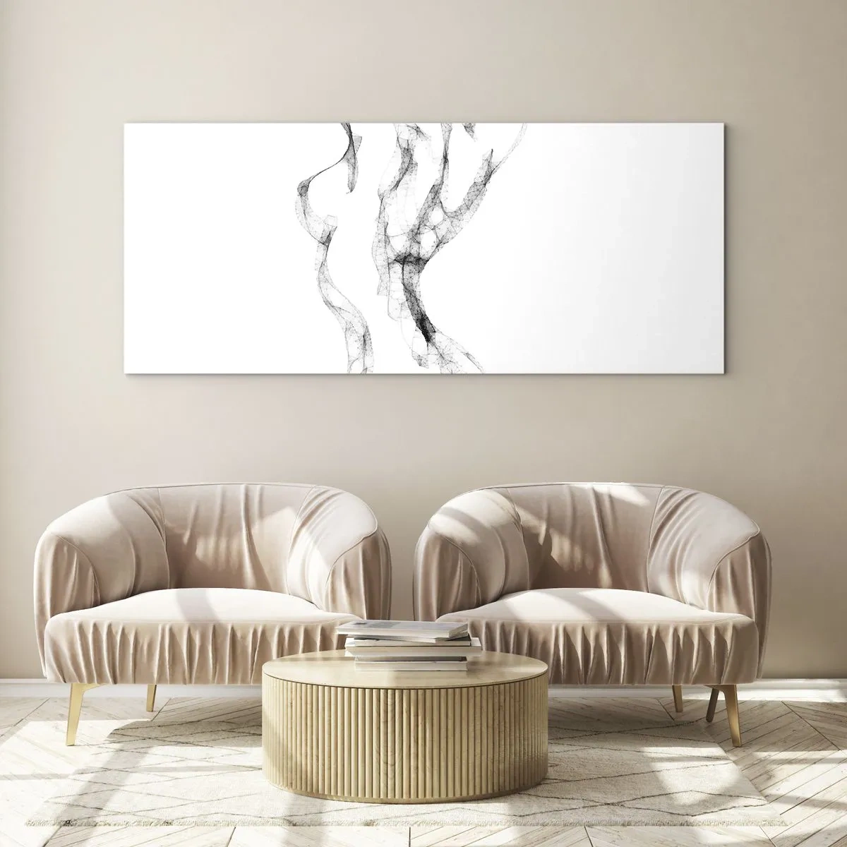 Glasbild - Bild auf glas - Zarte, abstrakte Linien, die Rauchfahnen ähneln, auf hellem Hintergrund - 140x50cm - Schön und stark - Moderne Wanddekoration für Wohnzimmer und Schlafzimmer ARTTOR