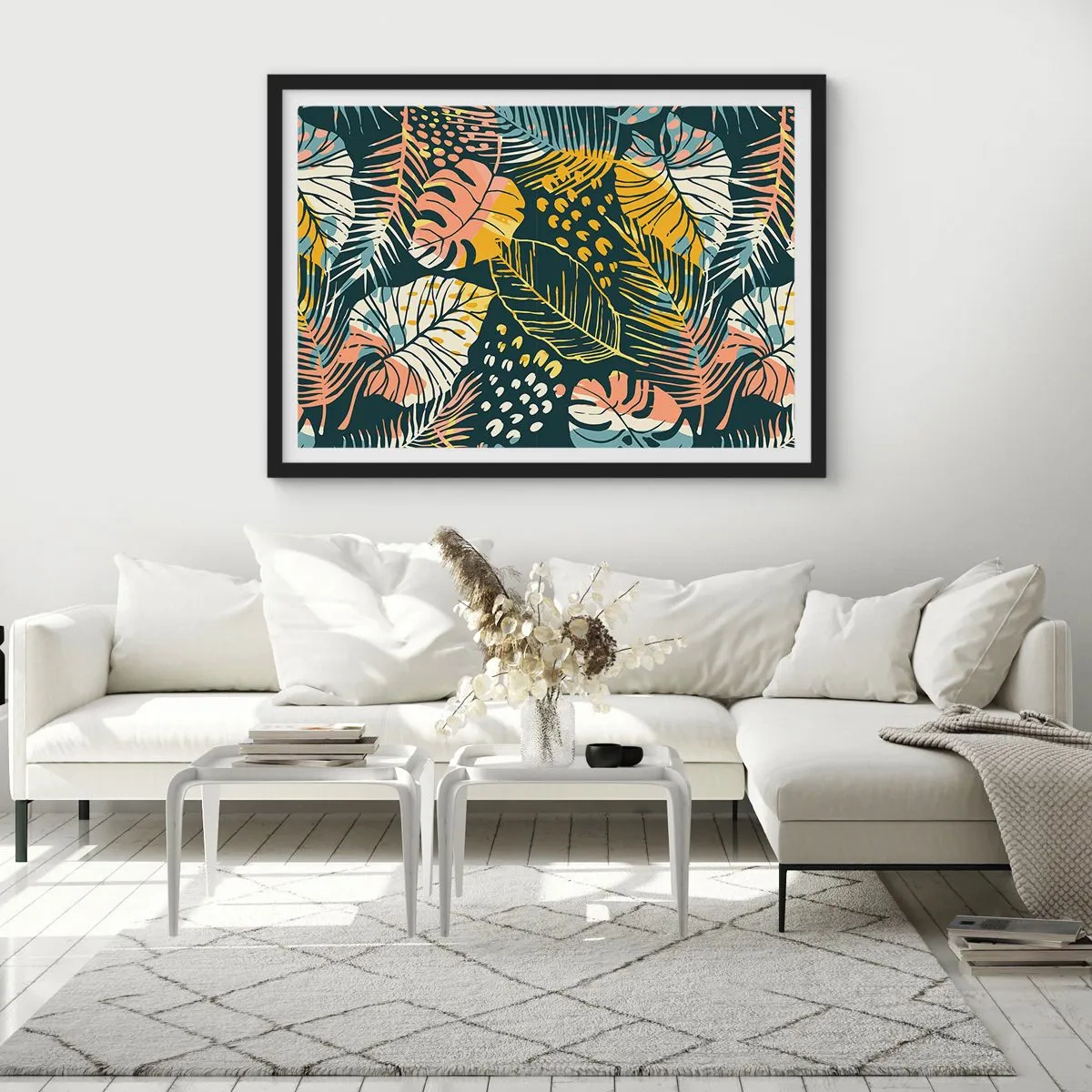 Poster in einem schwarzem Rahmen - Bunte Blätter auf dunklem Hintergrund - 70x50cm - Grüne Fantasie - Moderne Wanddekoration für Wohnzimmer und Schlafzimmer ARTTOR