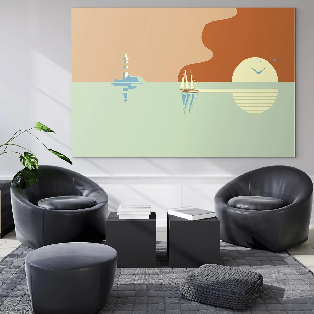 Glasbild - Bild auf glas - Ein minimalistischer Sonnenuntergang mit einem Segelboot und einem Leuchtturm - 100x70cm - Die perfekte Meereslandschaft - Moderne Wanddekoration für Wohnzimmer und Schlafzimmer ARTTOR