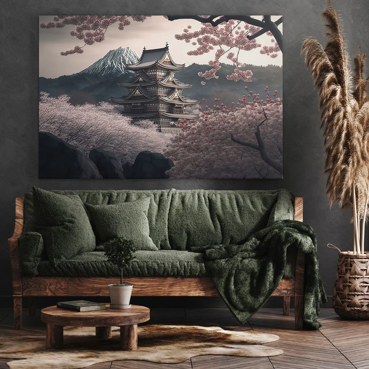 Bild auf Leinwand - Leinwandbild - Ein japanischer Tempel, umgeben von Kirschblüten und Bergen - 100x70cm - Land der Kirschblüten - Moderne Wanddekoration für Wohnzimmer und Schlafzimmer ARTTOR
