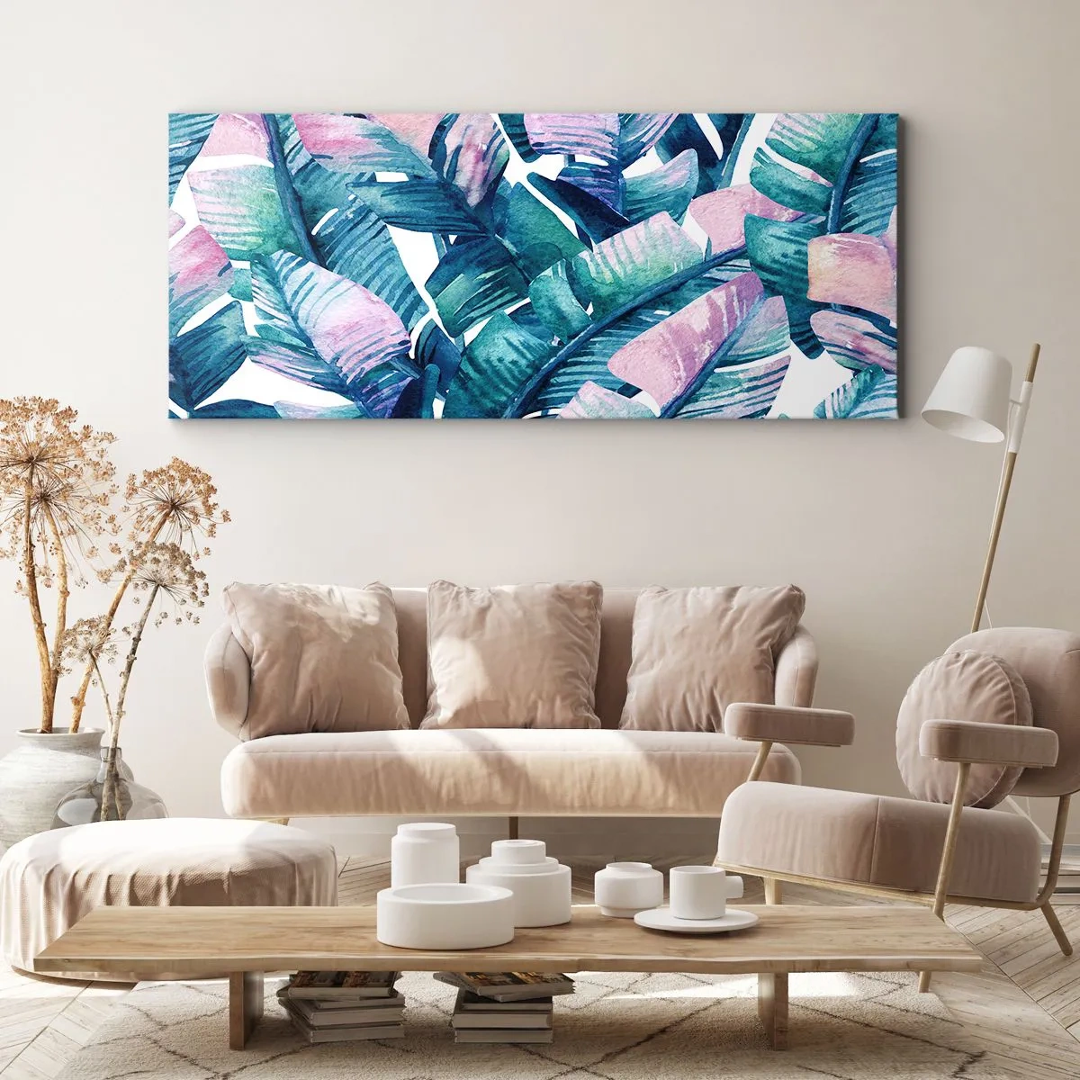 Bild auf Leinwand - Leinwandbild - Bananenblätter in Blau- und Rosatönen - 160x50cm - In einem Bananenhain - Moderne Wanddekoration für Wohnzimmer und Schlafzimmer ARTTOR