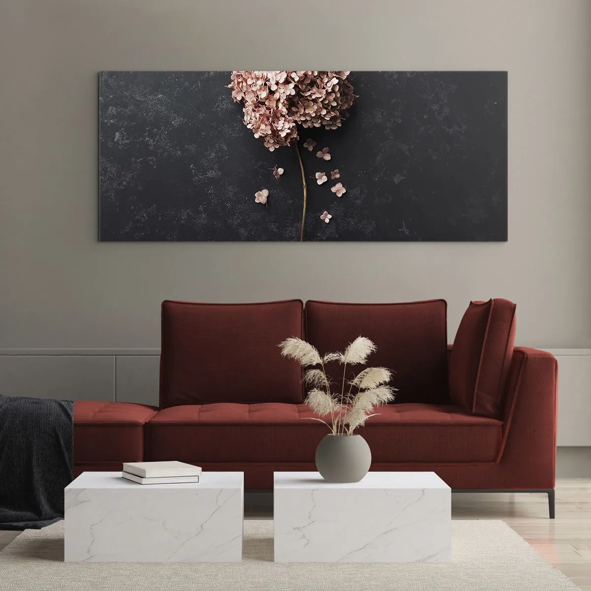 Glasbild - Bild auf glas - Eine zarte Hortensienblüte auf dunklem Hintergrund - 160x50cm - Wirklich romantisches Zeichen - Moderne Wanddekoration für Wohnzimmer und Schlafzimmer ARTTOR