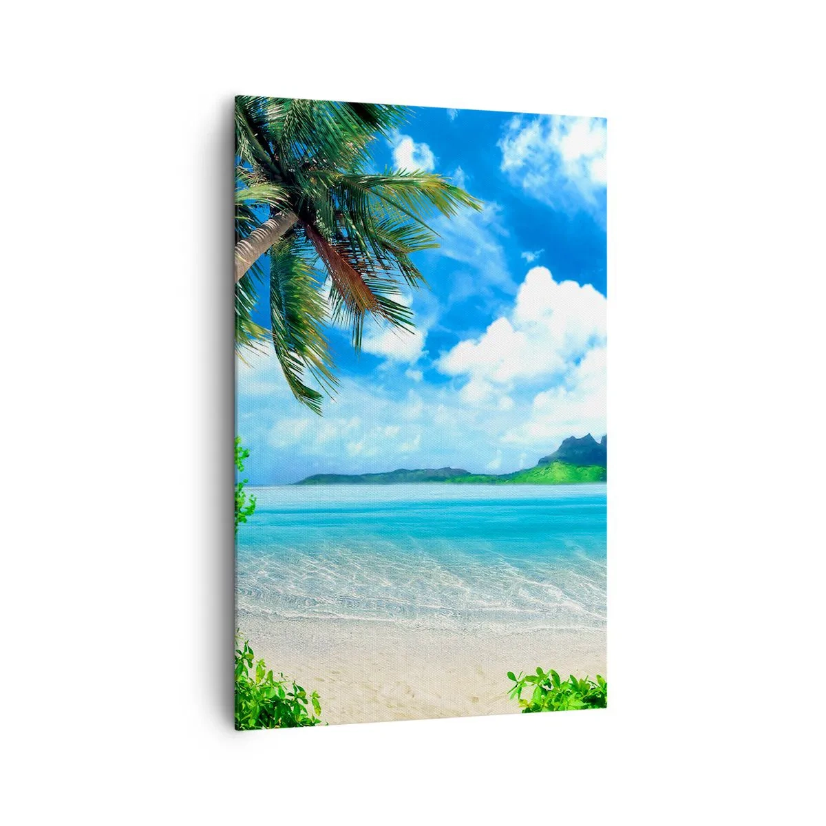 Bild auf Leinwand - Leinwandbild - Tropischer Strand mit Palmen und Blick auf die Insel - 80x120cm - Das Azurblau der Tropen - Moderne Wanddekoration für Wohnzimmer und Schlafzimmer ARTTOR