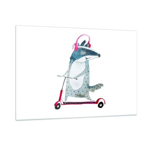 Glasbild - Bild auf glas - Dachs mit Kopfhörern auf einem Aquarell-Roller - 120x80cm - Dachsfreude - Moderne Wanddekoration für Wohnzimmer und Schlafzimmer ARTTOR