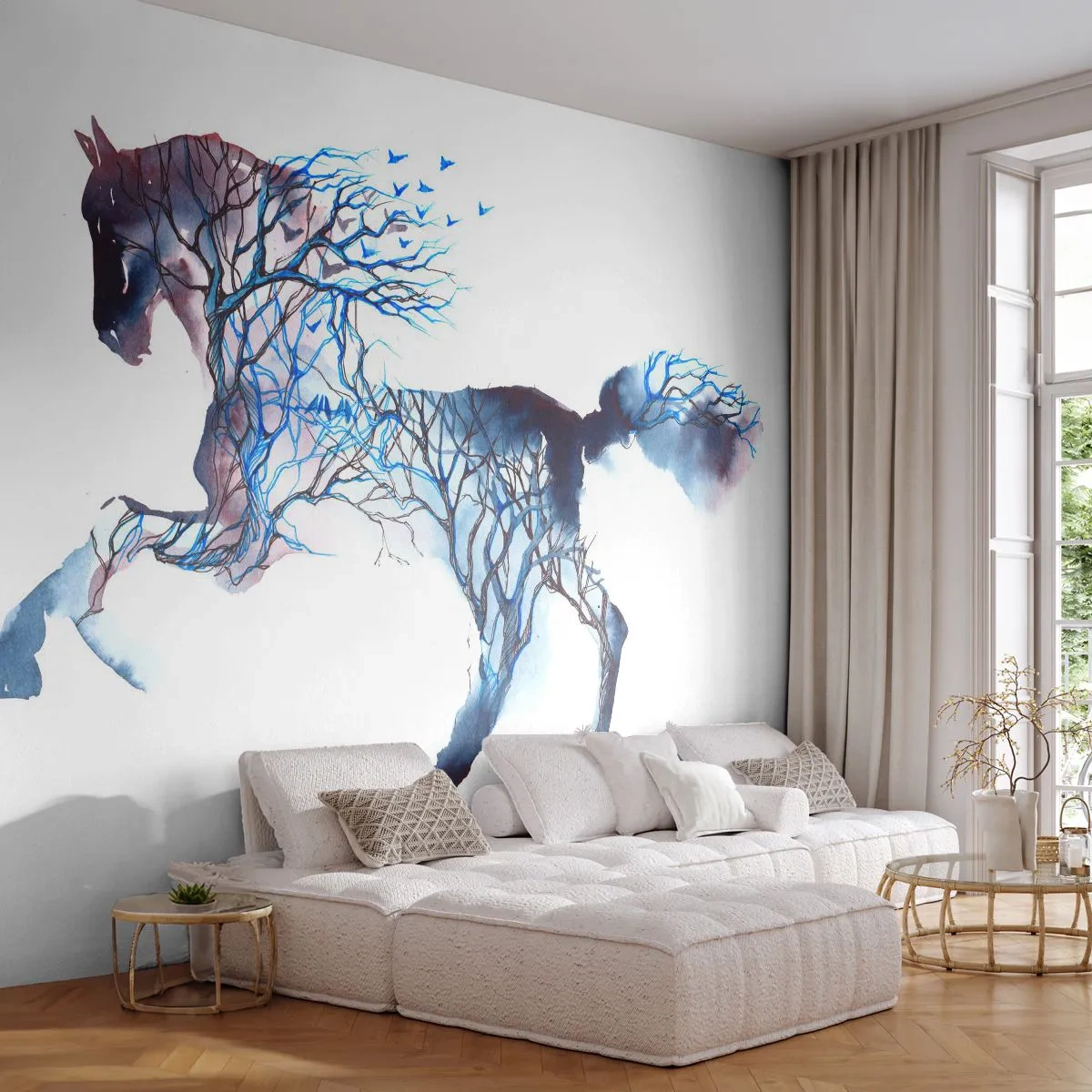 Fototapete Premium Sand - Ein Pferd aus Ästen in einem künstlerischen Aquarell - 100x70cm - Und als wäre der Wald umgezogen - Moderne Wanddekoration für Wohnzimmer und Schlafzimmer ARTTOR