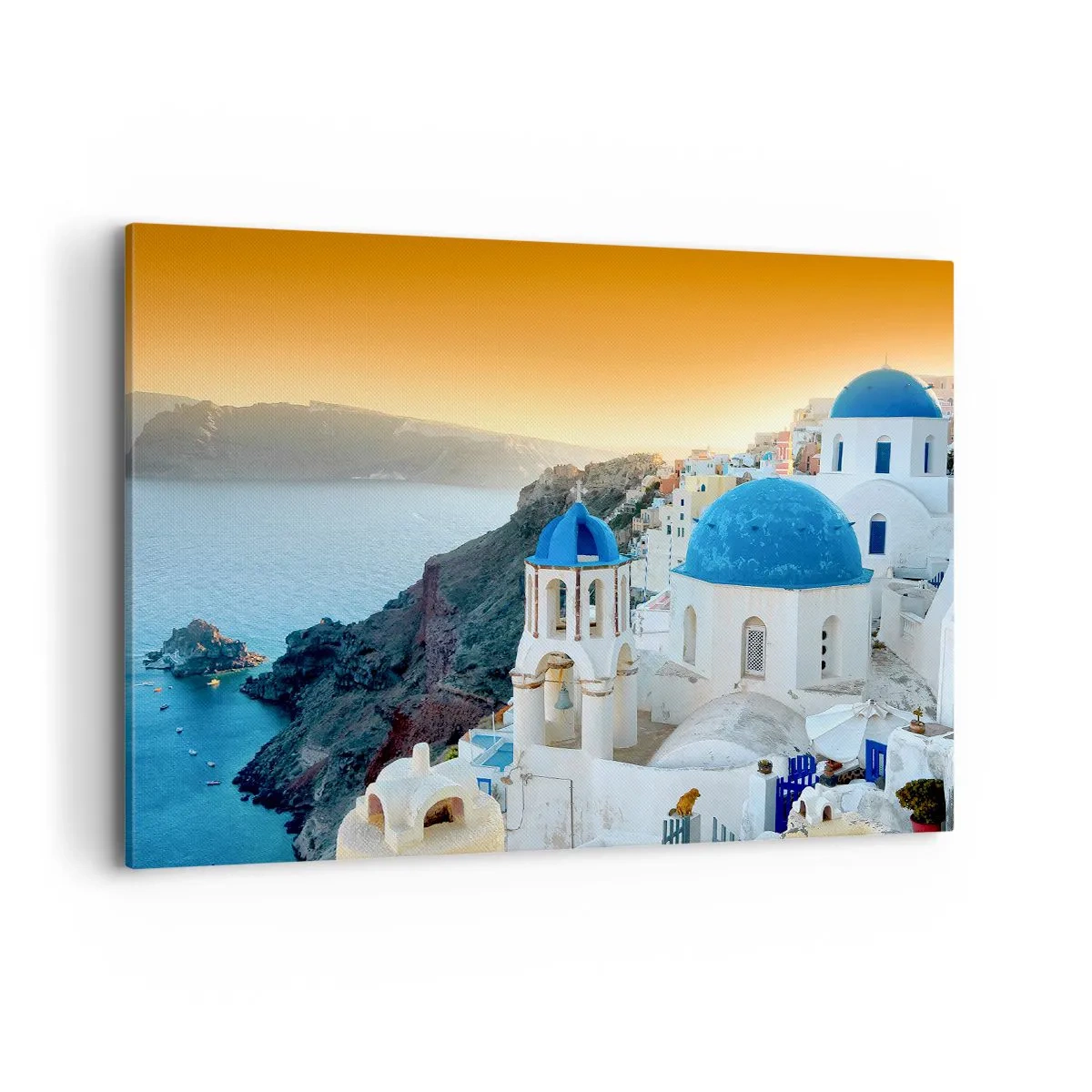 Bild auf Leinwand - Leinwandbild - Blick auf Santorini mit weißen Gebäuden und blauem Meer - 100x70cm - Santorini - an die Felsen gekuschelt - Moderne Wanddekoration für Wohnzimmer und Schlafzimmer ARTTOR