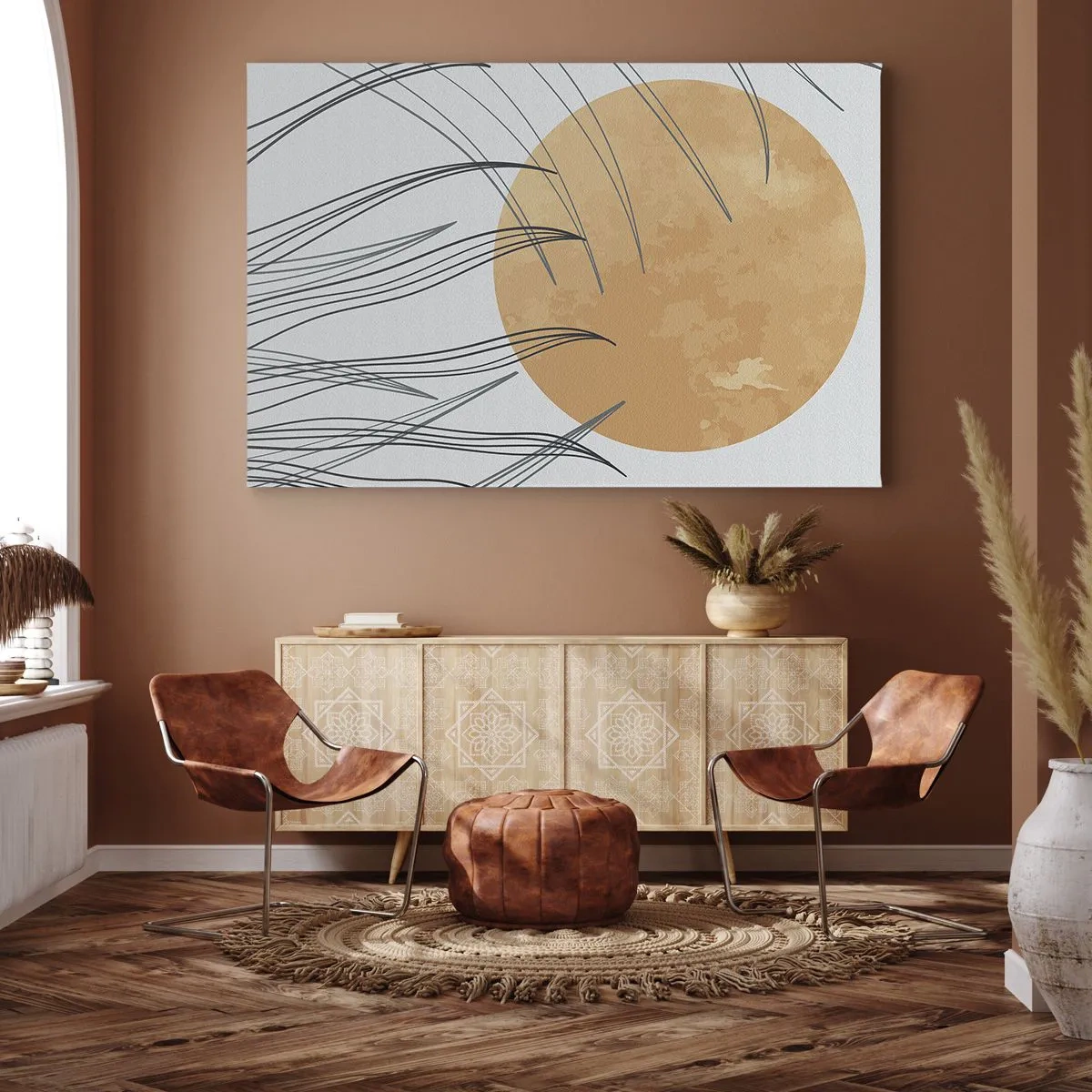 Bild auf Leinwand - Leinwandbild - Abstrakte Grashalme vor dem Hintergrund einer großen orangefarbenen Sonne - 70x50cm - Immer der Sonne entgegen - Moderne Wanddekoration für Wohnzimmer und Schlafzimmer ARTTOR