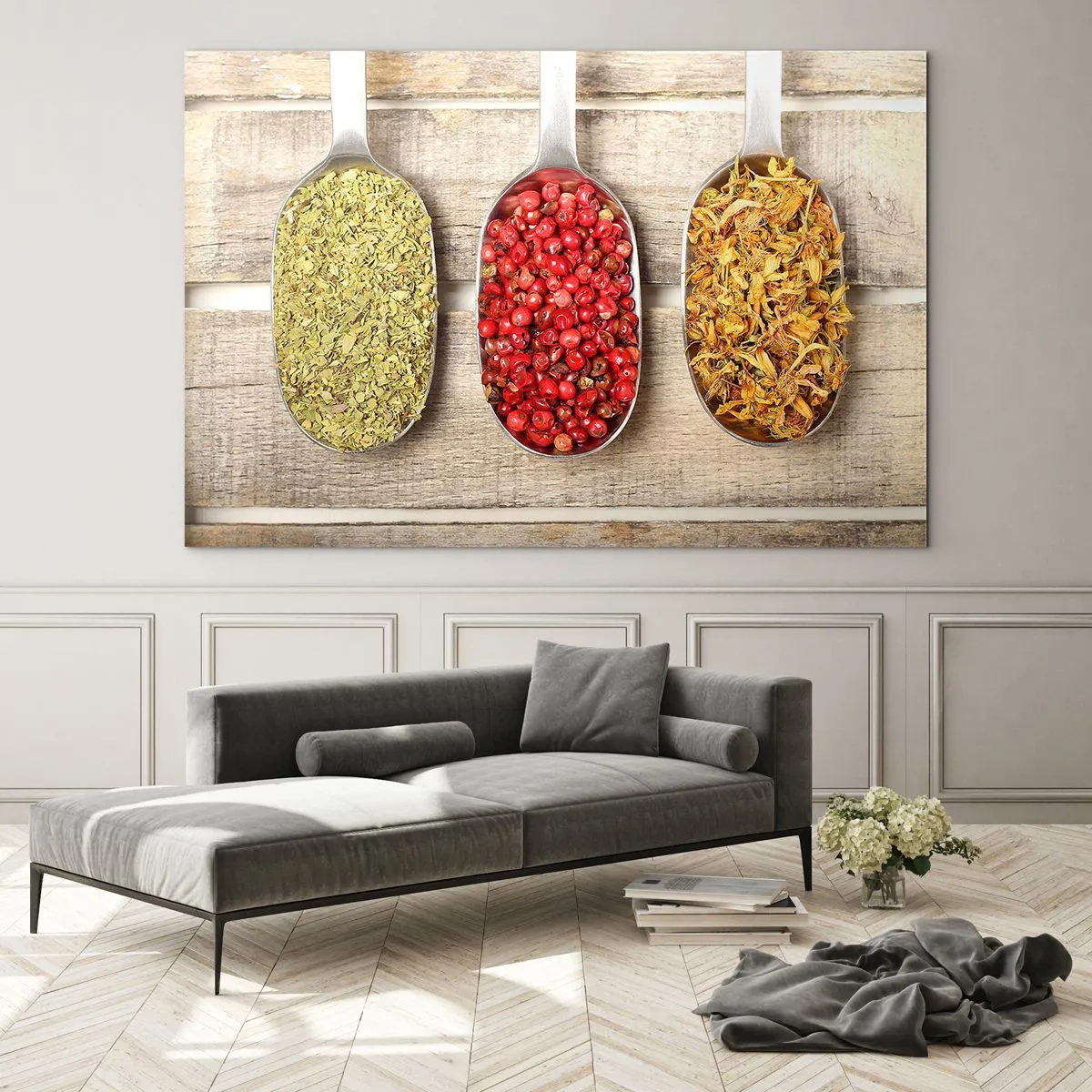 Glasbild - Bild auf glas - Drei Löffel mit Gewürzen auf rustikalem Holzhintergrund - 70x50cm - Küchenzauber - Moderne Wanddekoration für Wohnzimmer und Schlafzimmer ARTTOR