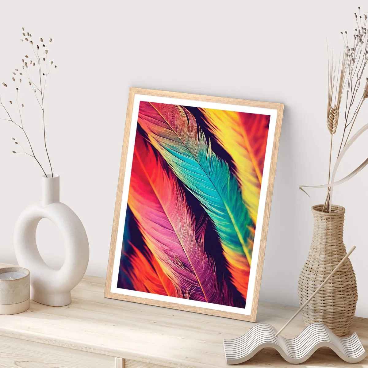 Poster in einem Rahmen aus heller Eiche - Gefiederter Regenbogen - 30x40 cm