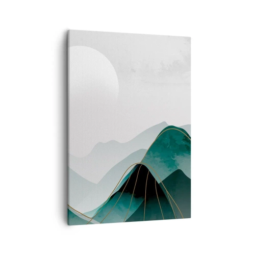 Bild auf Leinwand - Leinwandbild - Abstrakte Berglandschaft mit Mond und goldenen Linien - 50x70cm - In voller Majestät - Moderne Wanddekoration für Wohnzimmer und Schlafzimmer ARTTOR