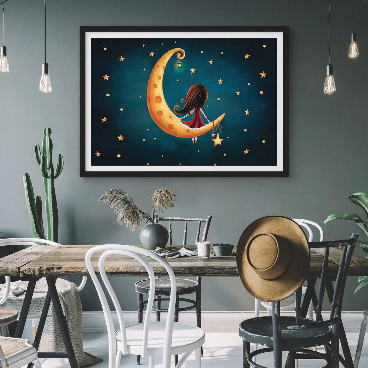 Poster in einem schwarzem Rahmen - Ein Mädchen auf dem Mond, umgeben von Sternen - 70x50cm - Einmal… - Moderne Wanddekoration für Wohnzimmer und Schlafzimmer ARTTOR