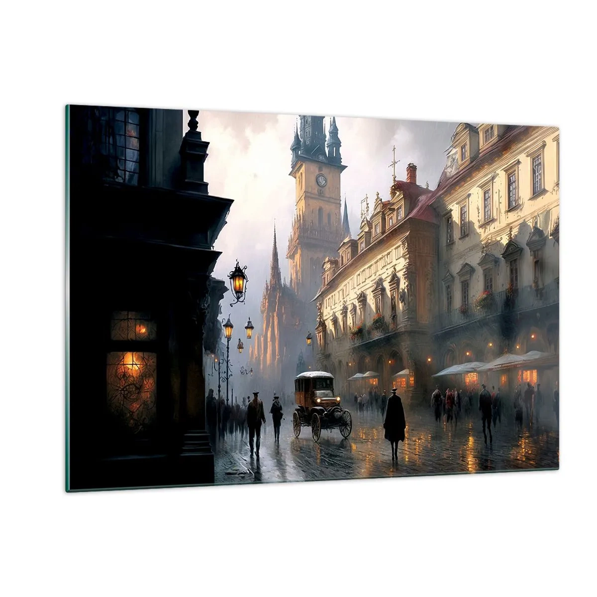 Glasbild - Bild auf glas - Eine historische Straße, die in der Abenddämmerung von Laternen beleuchtet wird - 120x80cm - Charme eines Prager Abends - Moderne Wanddekoration für Wohnzimmer und Schlafzimmer ARTTOR