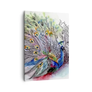 Bild auf Leinwand - Leinwandbild - Ein Pfau im farbenfrohen Aquarellstil mit abstrakten Federn - 50x70cm - Mit Stolz gegen Grau - Moderne Wanddekoration für Wohnzimmer und Schlafzimmer ARTTOR