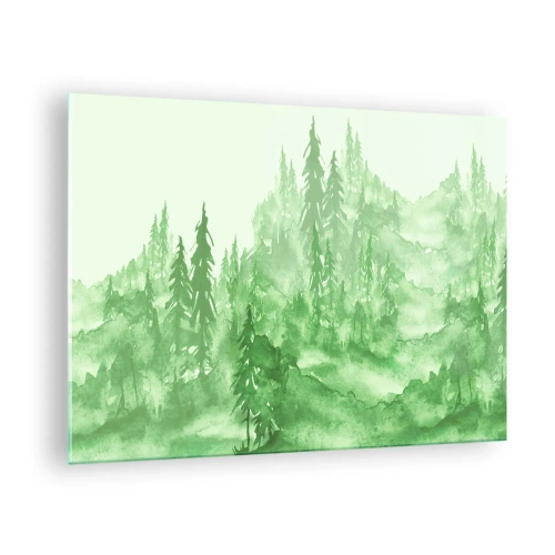 Glasbild - Bild auf glas - Grüner Wald im Aquarellstil - 70x50cm - Verschwommen mit grünem Nebel - Moderne Wanddekoration für Wohnzimmer und Schlafzimmer ARTTOR