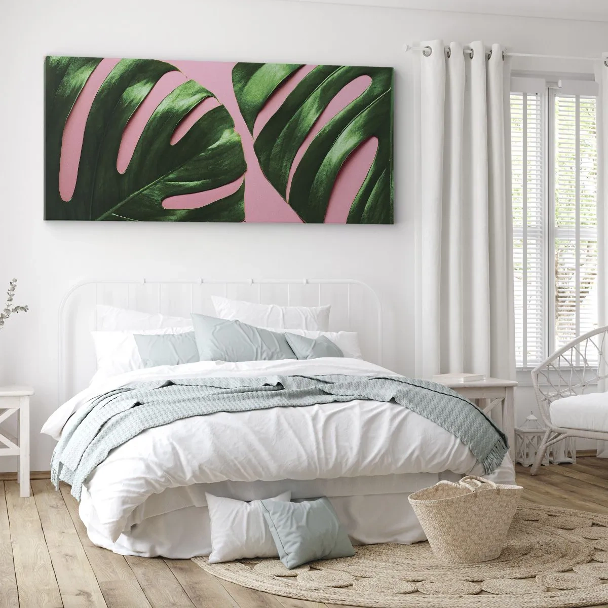 Bild auf Leinwand - Leinwandbild - Grüne Monstera-Blätter auf rosa Hintergrund - 160x50cm - Rendezvous im Grünen - Moderne Wanddekoration für Wohnzimmer und Schlafzimmer ARTTOR