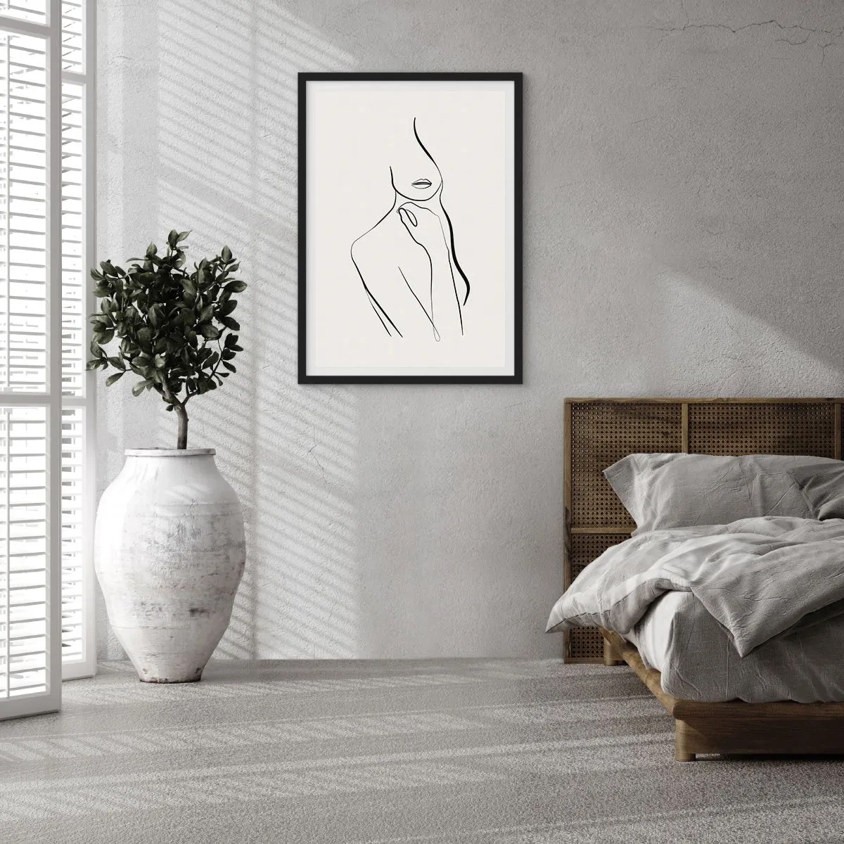 Poster in einem schwarzem Rahmen - Eine minimalistische Linie einer weiblichen Silhouette vor einem hellen Hintergrund - 50x70cm - Eine Welle der Melancholie - Moderne Wanddekoration für Wohnzimmer und Schlafzimmer ARTTOR