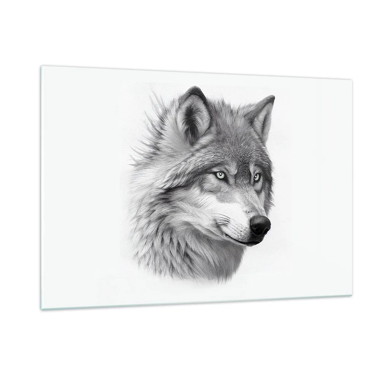 Glasbild - Bild auf glas - Schwarz-Weiß-Porträt eines Wolfes mit durchdringendem Blick - 120x80cm - Alpha – ohne Zweifel - Moderne Wanddekoration für Wohnzimmer und Schlafzimmer ARTTOR