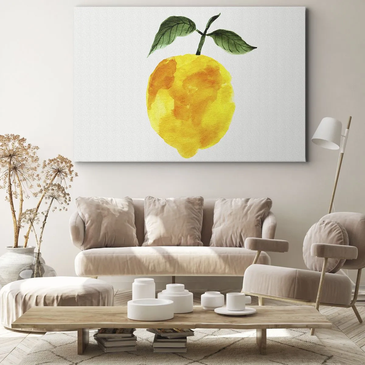 Bild auf Leinwand - Leinwandbild - Aquarell Zitrone mit grünen Blättern auf hellem Hintergrund - 70x50cm - So schmeckt man die Sonne - Moderne Wanddekoration für Wohnzimmer und Schlafzimmer ARTTOR
