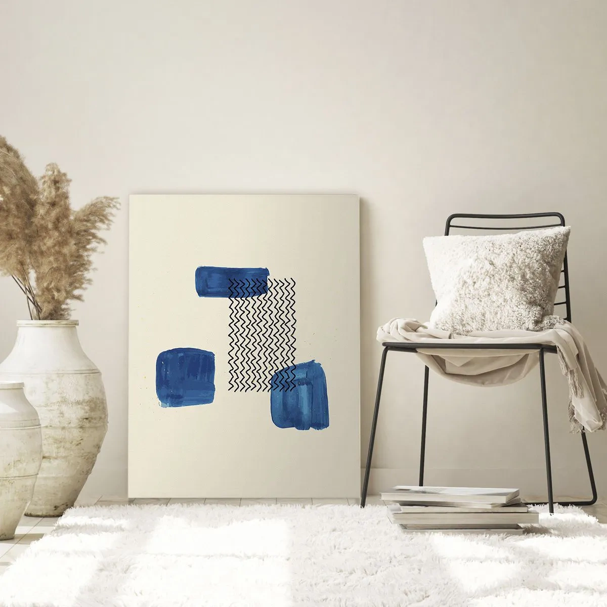 Glasbild - Bild auf glas - Abstrakte Komposition mit blauen Flecken und Wellenlinien - 80x120cm - Ein abstraktes Quartett - Moderne Wanddekoration für Wohnzimmer und Schlafzimmer ARTTOR